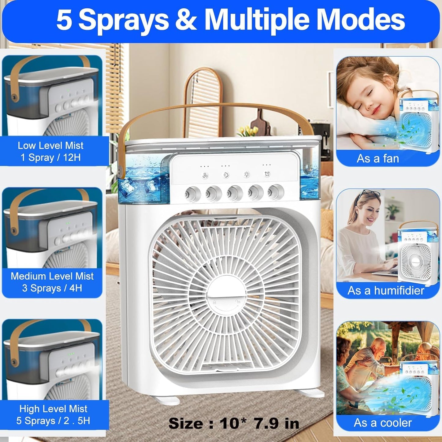 Portable Air Cooler, USB Powered Mini Air Conditioners Personal Mobile Compact Cooler Air Humidifier, 3 Wind Speed, 1-3 Hour timer, Mist Function Desktop Air Conditioner Fan