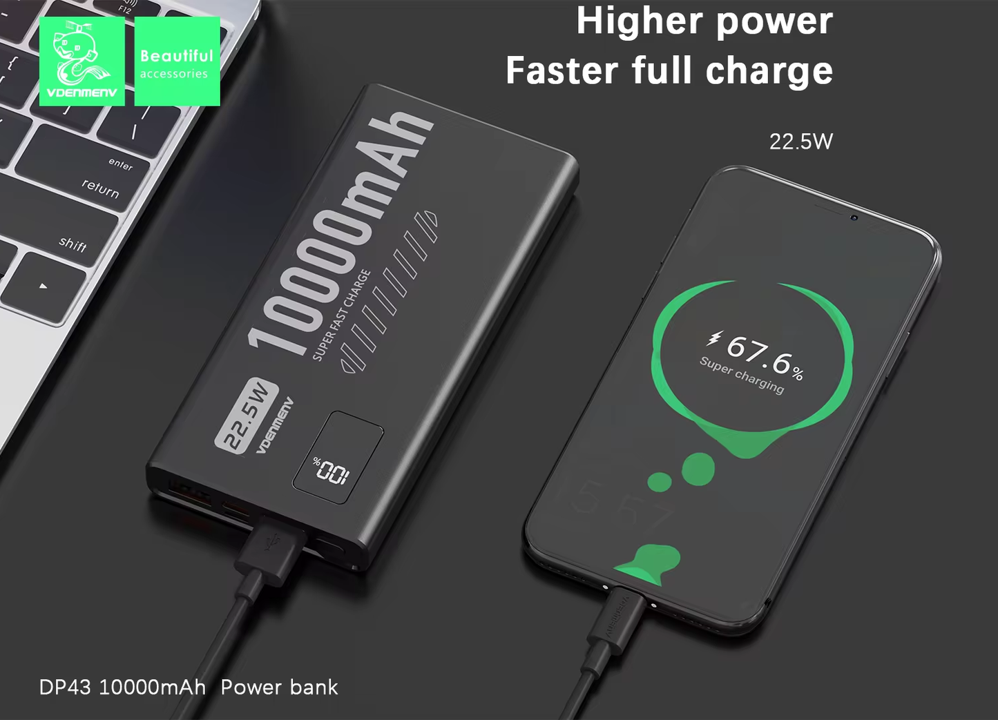 VDENMENV DP43 PD 22.5W QC3.0 10000mAh  Power Bank Compact Portable Fast Charging External Battery Charger 10000 mAh Powerbank
