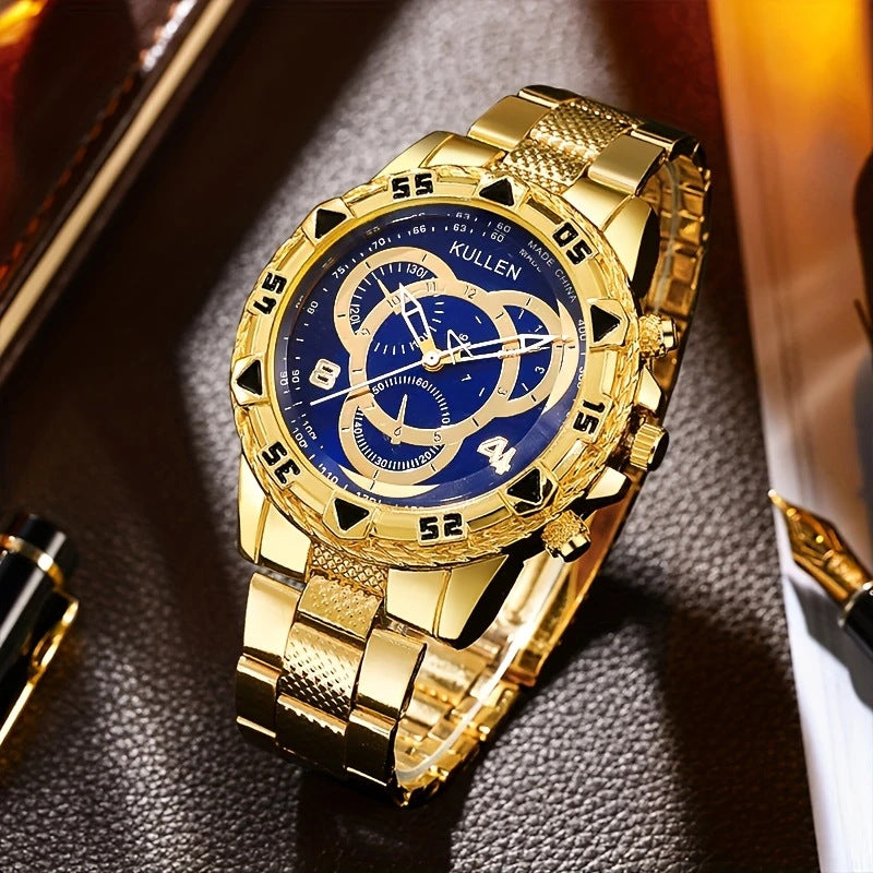 【Elite Choice】 New Men's High-end Business Gold & Silver Belt Large Dial Fashion Quartz Watch