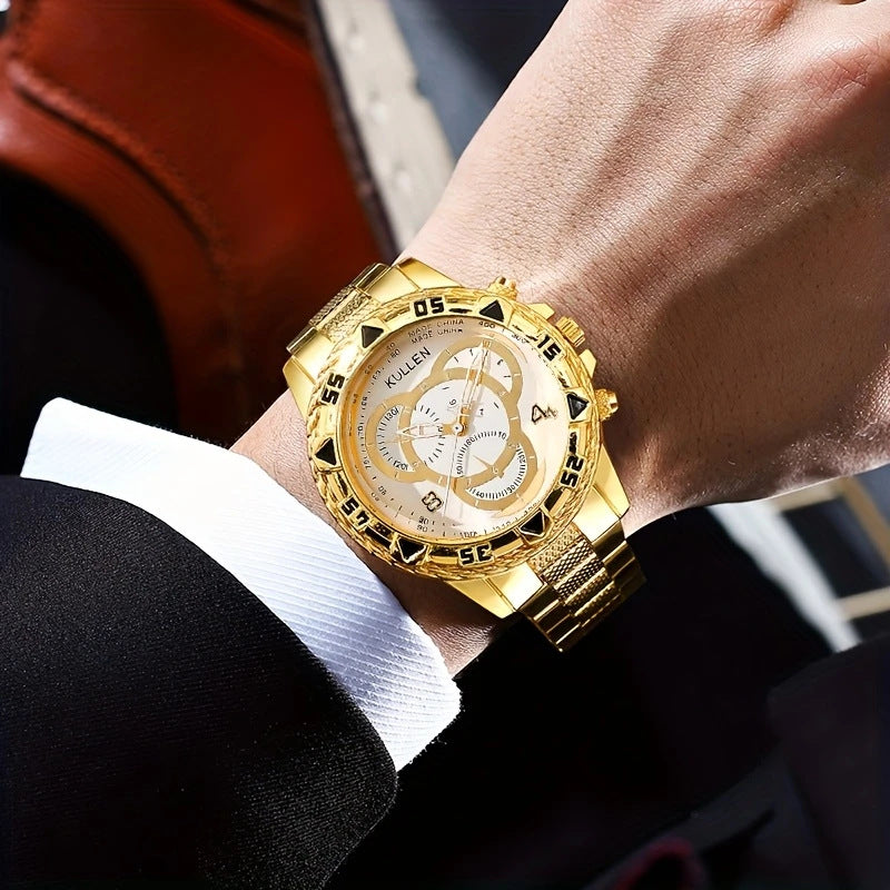 【Elite Choice】 New Men's High-end Business Gold & Silver Belt Large Dial Fashion Quartz Watch