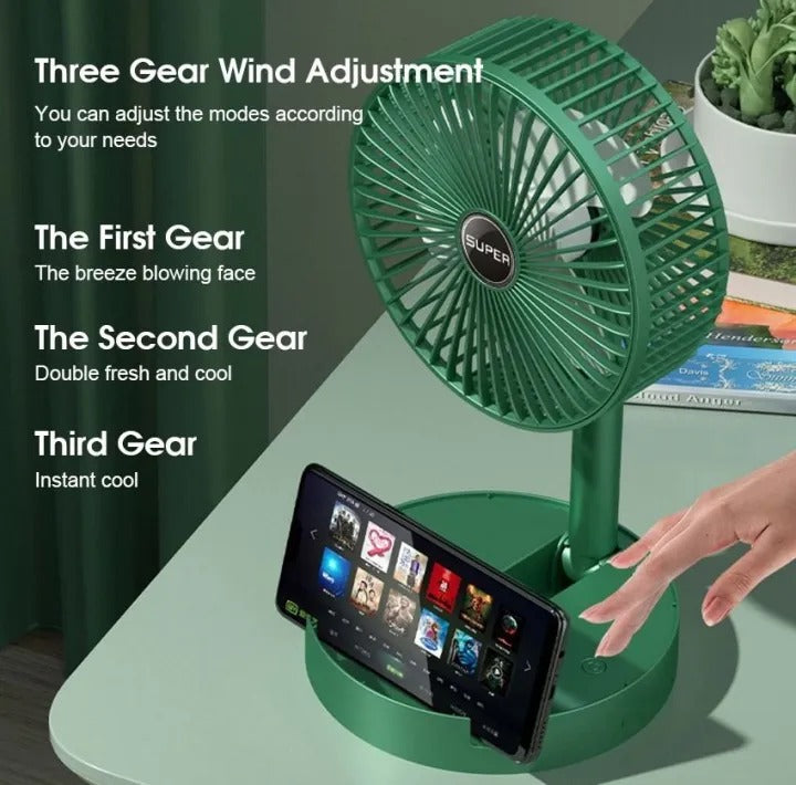 Portable Folding Fan, Rechargeable Standing Pedestal USB Fan, 3 Speeds, 3000mAh Battery Operated Fan for Home, Camping, Outdoor and Office, 6.5-Inch(Green)