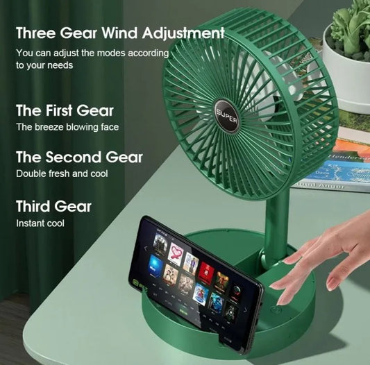 Portable Folding Fan, Rechargeable Standing Pedestal USB Fan, 3 Speeds, 3000mAh Battery Operated Fan for Home, Camping, Outdoor and Office, 6.5-Inch(Green)
