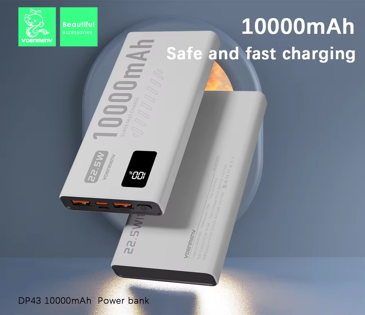 VDENMENV DP43 PD 22.5W QC3.0 10000mAh  Power Bank Compact Portable Fast Charging External Battery Charger 10000 mAh Powerbank