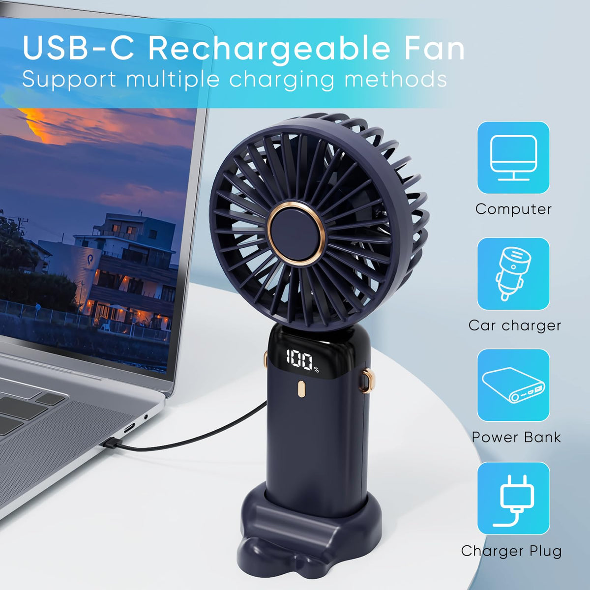 Portable USB Mini Fan- Handheld Cooling Fan Rechargeable Electric LED Fan, Handheld Fan With Phone Stand- Office household Desk Mini Fan HF