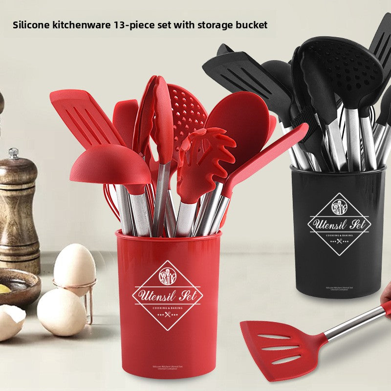 Silicone Kitchen Cooking Spatula Spoon Baking Tools 13-piece Set with Storage Bucket