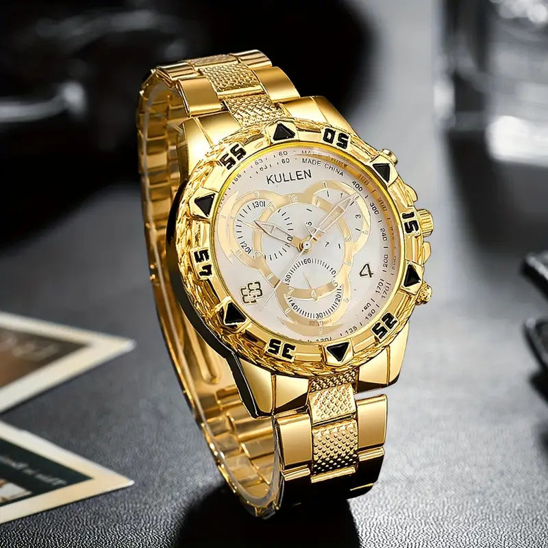 【Elite Choice】 New Men's High-end Business Gold & Silver Belt Large Dial Fashion Quartz Watch
