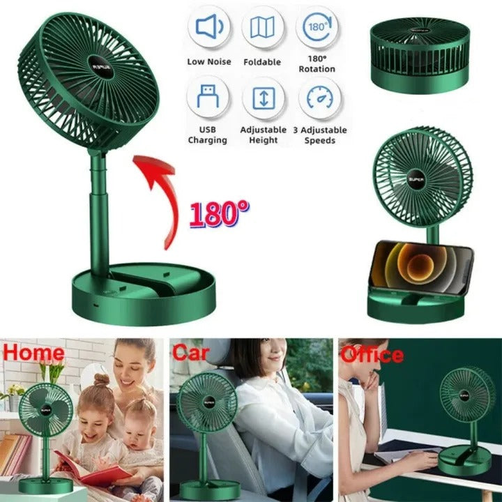 Portable Folding Fan, Rechargeable Standing Pedestal USB Fan, 3 Speeds, 3000mAh Battery Operated Fan for Home, Camping, Outdoor and Office, 6.5-Inch(Green)