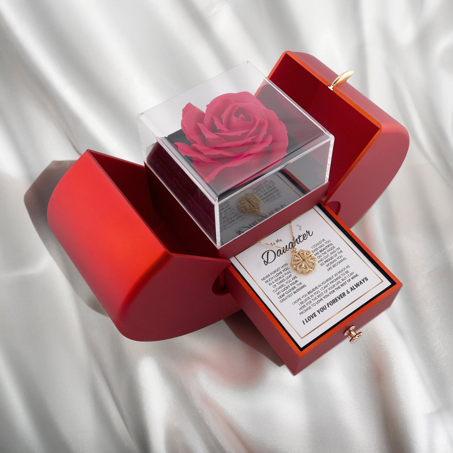 Daughter's 4-Leaf Clover Lucky Charm Necklace and Forever Rose Gift Box