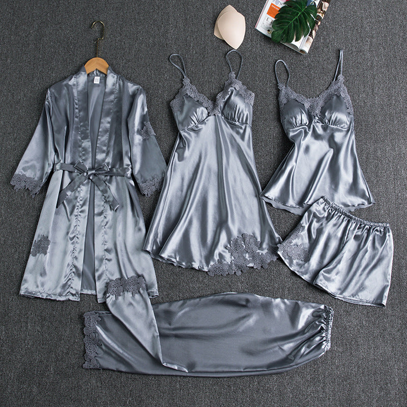 Silk-Blend Thin Strap Pajama Set with Bra Cup for Women - 5 Piece Set