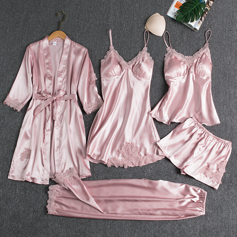 Silk-Blend Thin Strap Pajama Set with Bra Cup for Women - 5 Piece Set