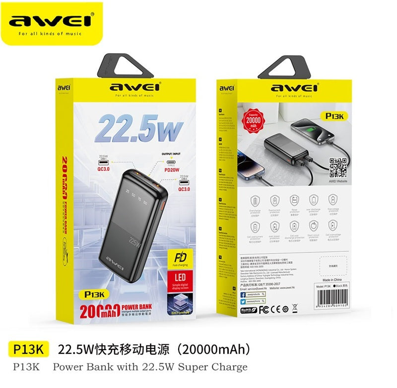 Awei P13K 20000mAh 22.5W Fast Charge Power Bank by Next Gadget