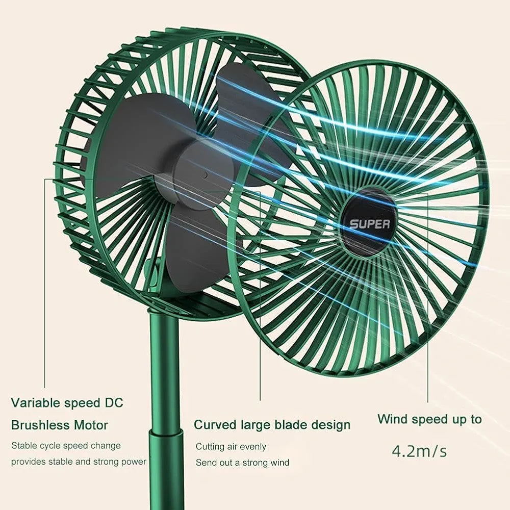 Portable Folding Fan, Rechargeable Standing Pedestal USB Fan, 3 Speeds, 3000mAh Battery Operated Fan for Home, Camping, Outdoor and Office, 6.5-Inch(Green)