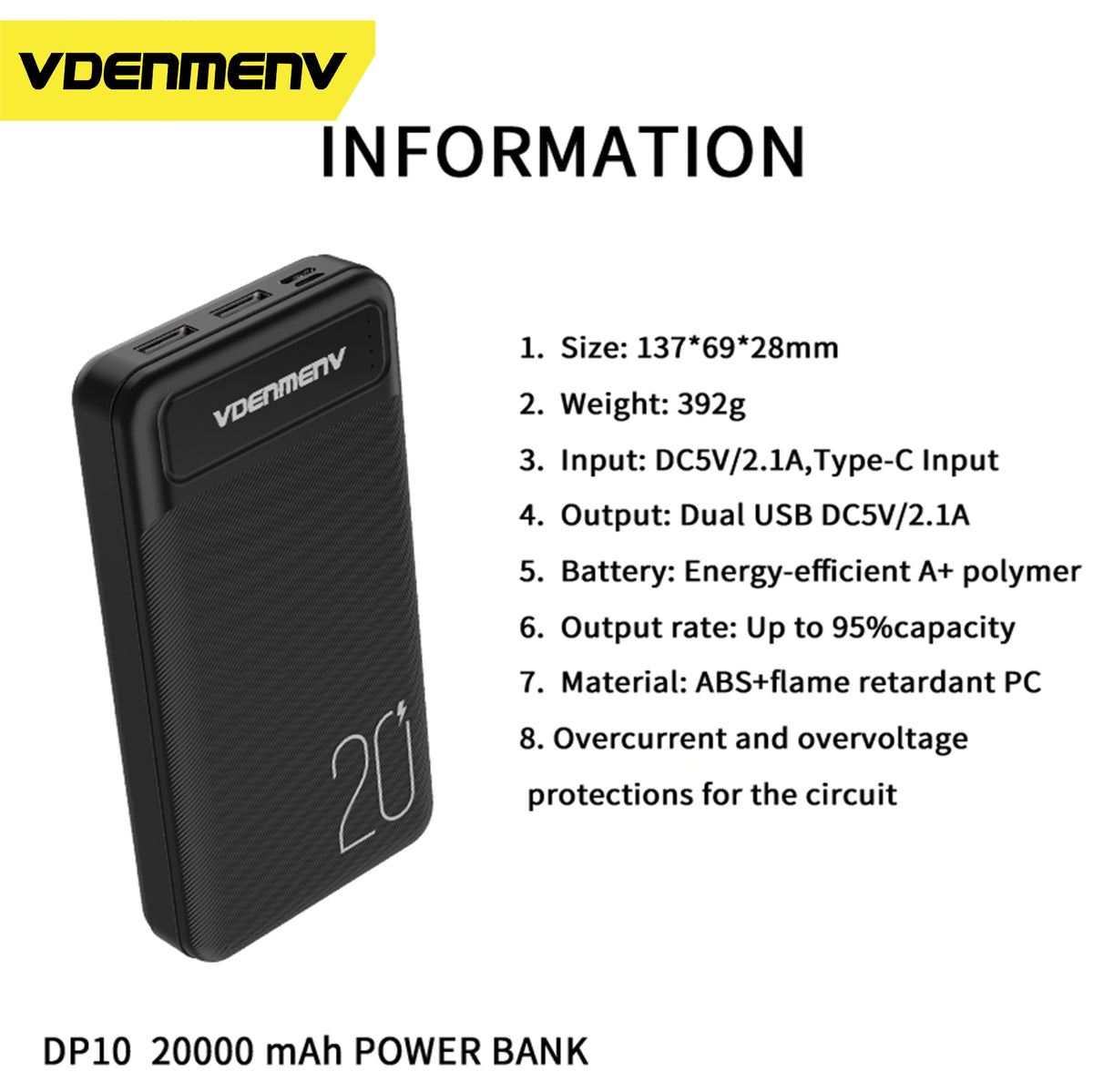 VDENMENV DP10 Dual USB And Type C 20000mAh Power bank with 5V 2.1A Output