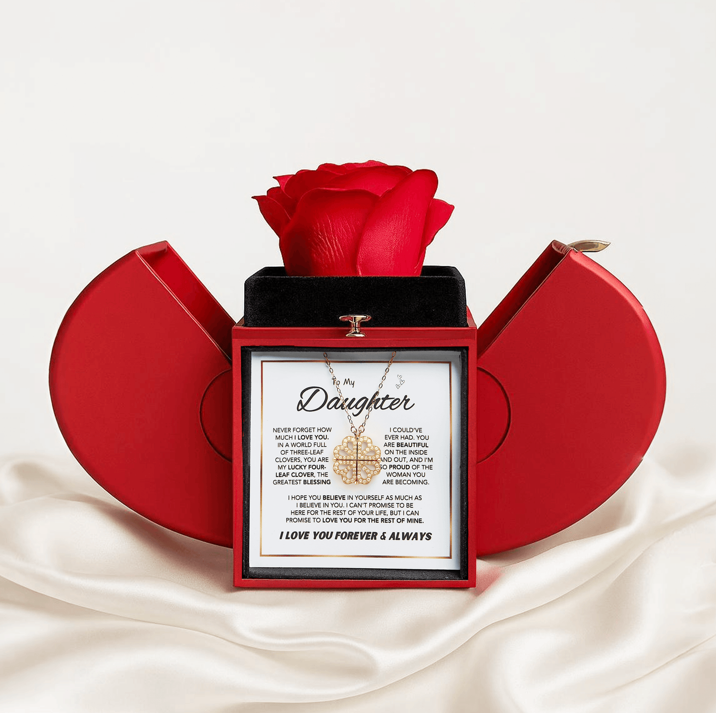 Daughter's 4-Leaf Clover Lucky Charm Necklace and Forever Rose Gift Box