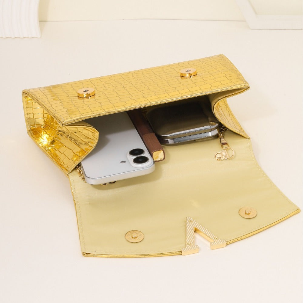 【Overseas Spot】Gold/Red/Silver/Black Alligator Leather Textured Aristocratic Ladies Handbag