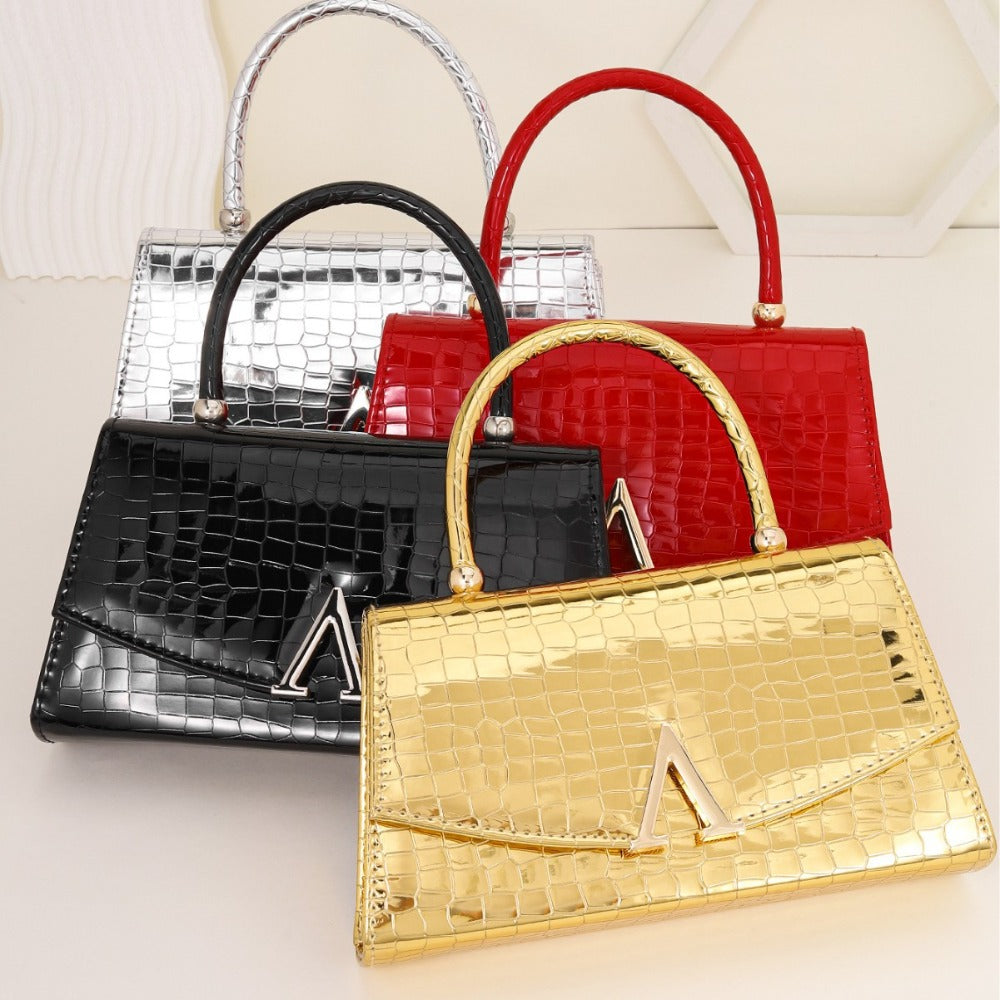 【Overseas Spot】Gold/Red/Silver/Black Alligator Leather Textured Aristocratic Ladies Handbag