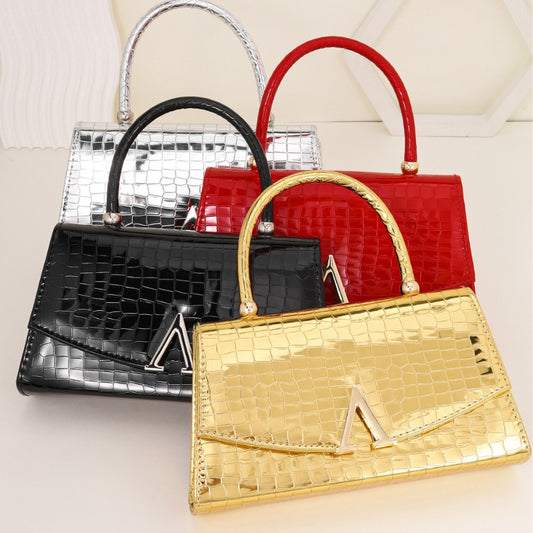 【Overseas Spot】Gold/Red/Silver/Black Alligator Leather Textured Aristocratic Ladies Handbag