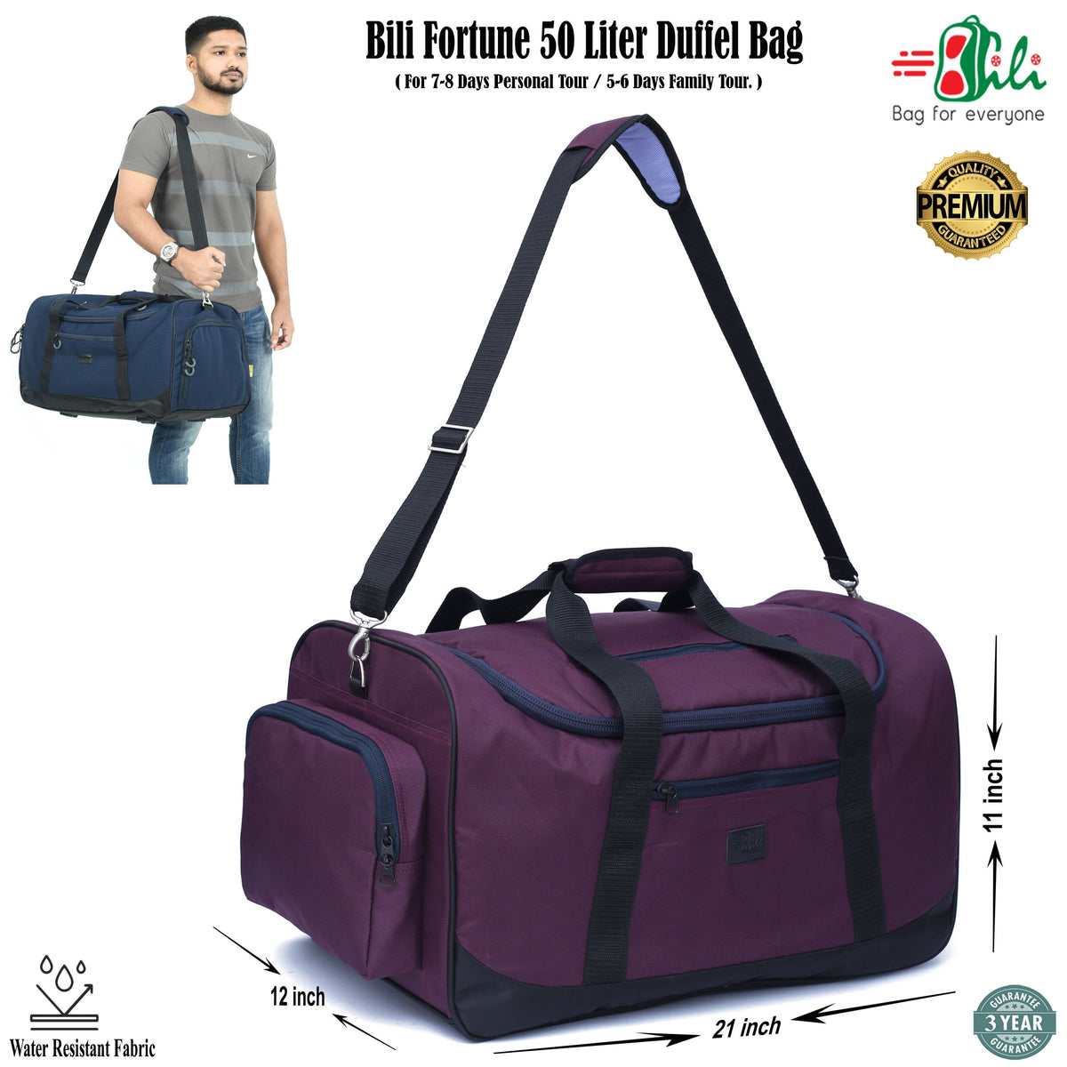 【Authenticity Guarantee】Bili Online Fortune 50L Waterproof Travel Duffel Bag for Men & Women – Large Weekender Luggage Bag with Shoe Compartment | Premium Duffle for 7-8 Day Trips | Gym, Camping & Touring 7-8 Day Trips | Men & Women Travel Duffle