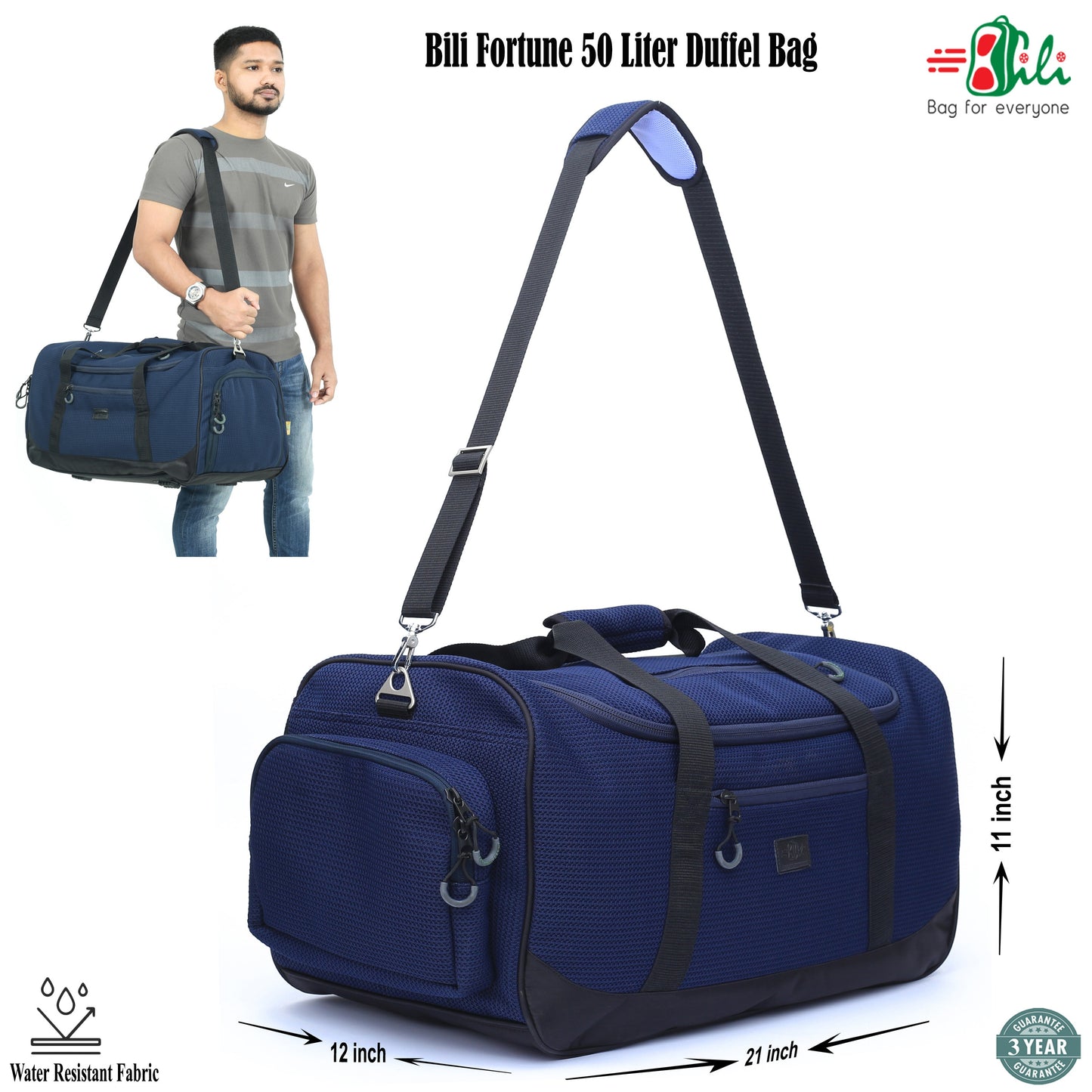 【Authenticity Guarantee】Bili Online Fortune 50L Waterproof Travel Duffel Bag for Men & Women – Large Weekender Luggage Bag with Shoe Compartment | Premium Duffle for 7-8 Day Trips | Gym, Camping & Touring 7-8 Day Trips | Men & Women Travel Duffle