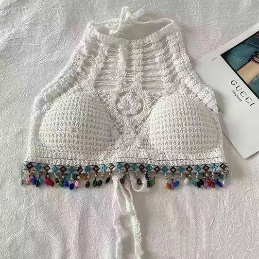Boho Chic Hand-Crocheted Halter Top with Colorful Beaded Fringe