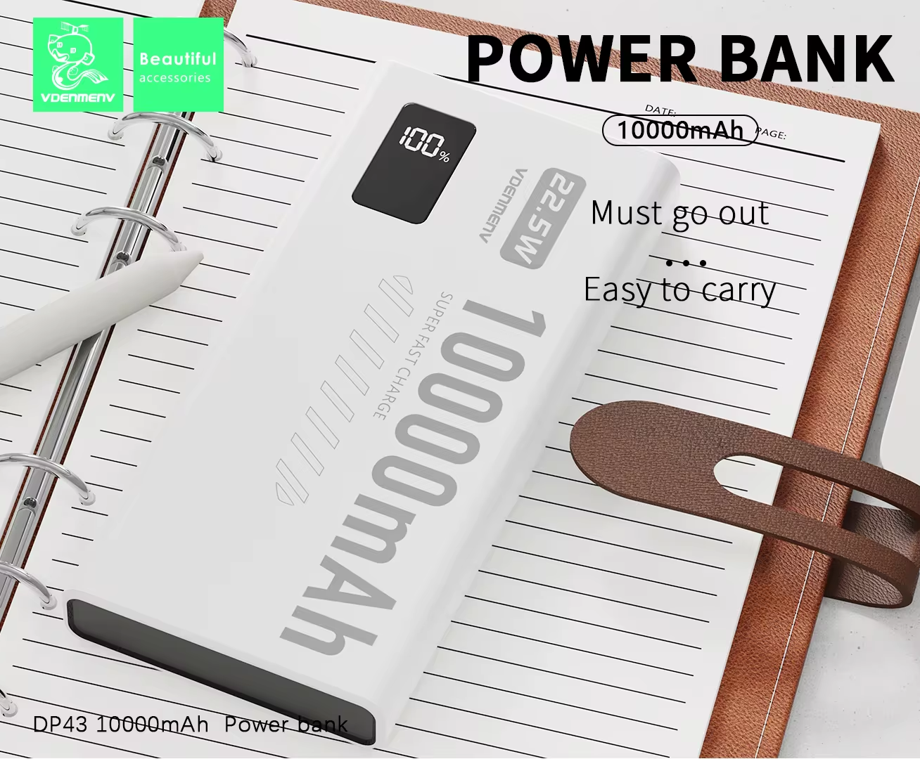 VDENMENV DP43 PD 22.5W QC3.0 10000mAh  Power Bank Compact Portable Fast Charging External Battery Charger 10000 mAh Powerbank