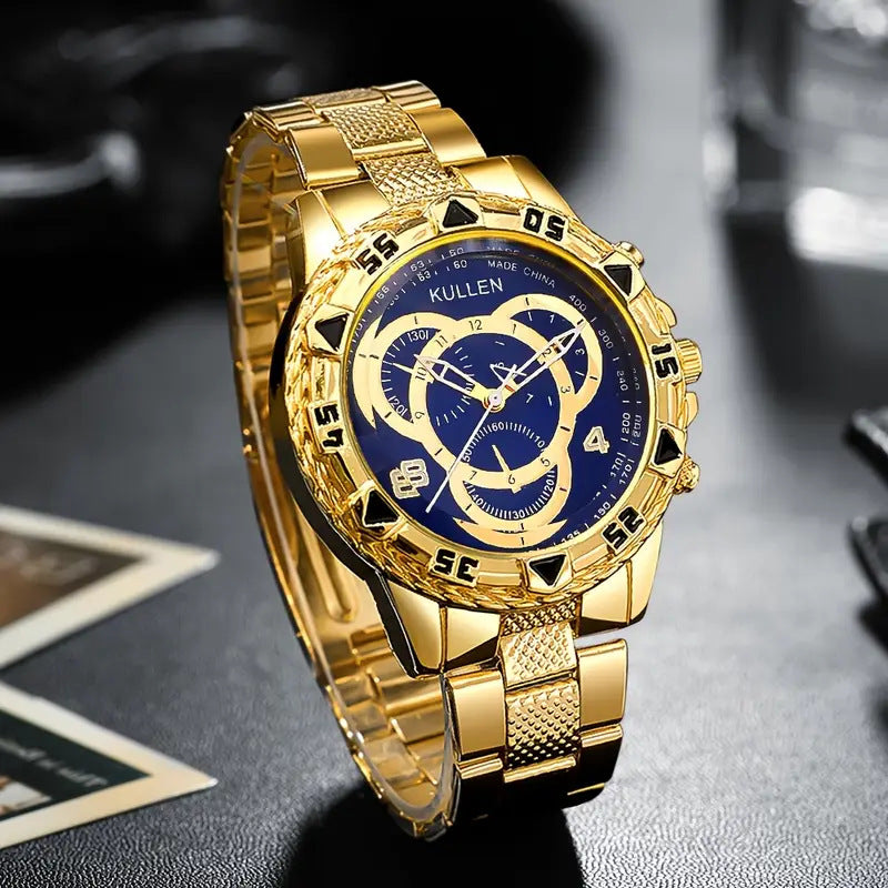 【Elite Choice】 New Men's High-end Business Gold & Silver Belt Large Dial Fashion Quartz Watch